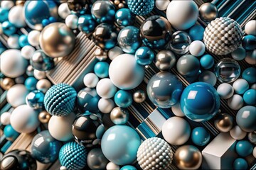 A vibrant collection of glossy spheres and textured orbs in shades of blue, white, and gold, arranged artfully on layered stripes, creating a captivating visual tapestry. Generative AI