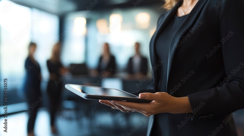 Poster A businesswoman gives a presentation using a digital tablet, standing in a boardroom with blurred colleagues in the background 