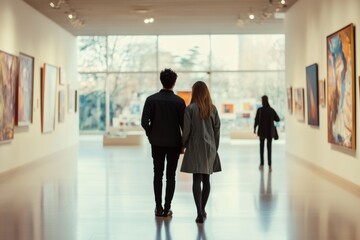 Couple enjoying a modern art exhibition together at a contemporary art gallery in a serene environment