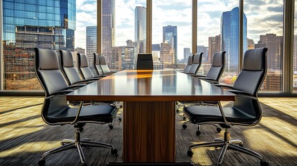 corporate boardroom table and chairs with cityscape view professional photography 