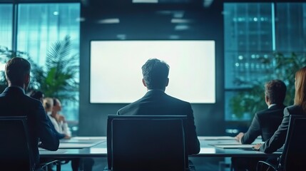 Business professionals in a boardroom with a landscape-oriented blank TV screen