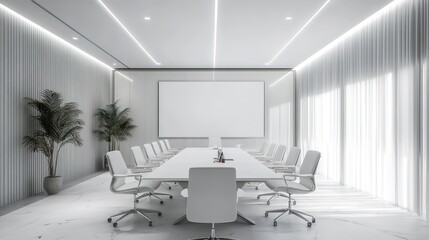 An elegant and refined executive boardroom design boasting a pure white canvas backdrop, Minimalist boardroom furniture arranged for functionality and style, Luxury minimalist style