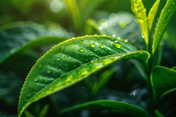 Close-up view of a fresh tea leaf with dewdrops in a lush plantation during early morning light