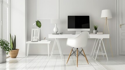 Minimalist Home Office Desk with White Chair and Plant.