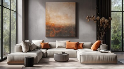 modern living room, interior design, panoramic windows, large pictures, boho style, quiet luxury, soft minimalism, neutral tones, cozy atmosphere, natural light, elegant decor, open space, minimalist 