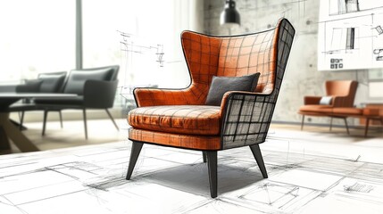 Interior design sketching drawing design development product plan draft chair armchair Wingback prototype manufacturing production. Designer studio concept.