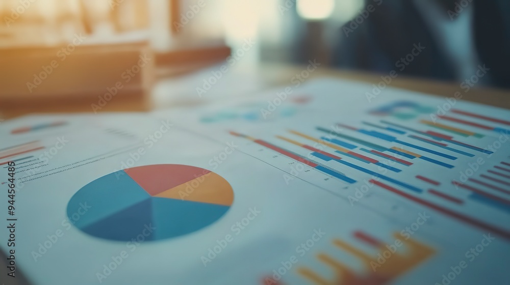 Poster in-depth business analysis captured through vibrant pie charts and bar graphs on a document, showcas