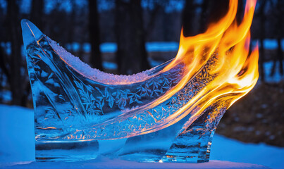 A blue ice sculpture shaped like a boat burns with a bright orange flame in a snowy forest at night