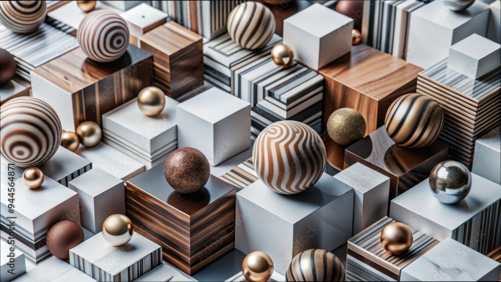 Poster artistic arrangement of geometric shapes and textured spheres in a modern design composition showcas
