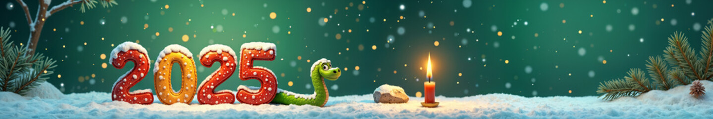 Festive winter scene with the number 2025 prominently displayed, along with a candle, snake and a snowy landscape.