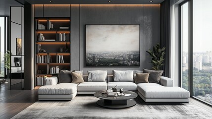 Modern living room interior with panoramic windows and large pictures. Boho style, quiet luxury, soft minimalism