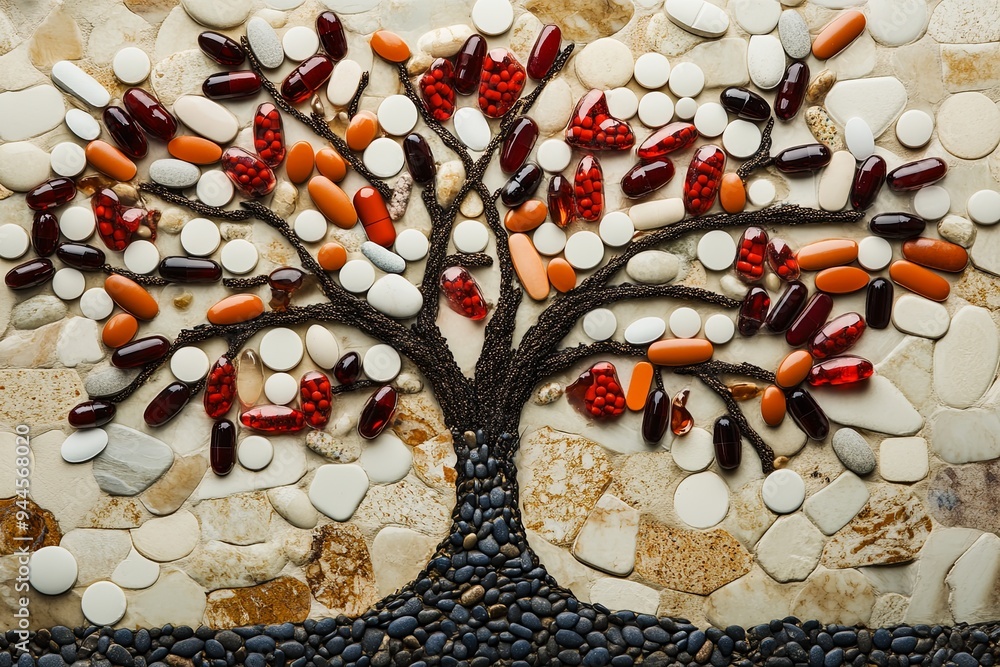 Poster a vibrant mosaic tree made from an array of stones, featuring earthy colors and a unique artistic ar