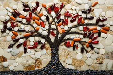 A vibrant mosaic tree made from an array of stones, featuring earthy colors and a unique artistic arrangement of materials. Generative AI