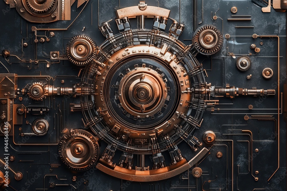 Poster complex mechanical components combine gears and pipes in a striking display of craftsmanship and ind