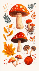 Poster with an illustration of mushrooms and leaves in  cozy autumn style.