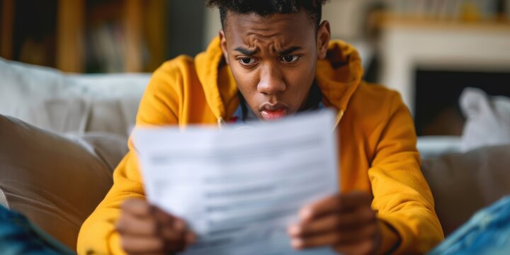 a student's hands holding a report card with failing grades, looking worried