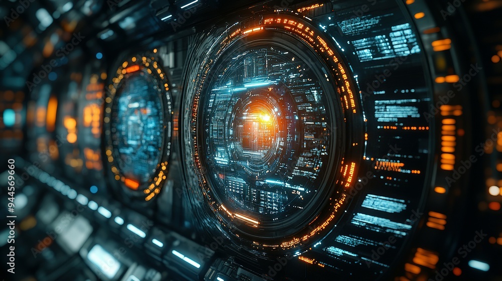 Poster futuristic interface with circular display and glowing lights