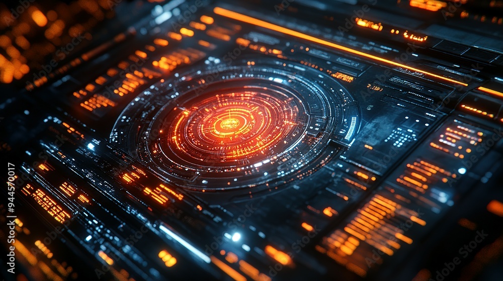 Poster futuristic interface with glowing orange circular element