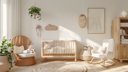A cozy nursery interior background with Scandinavian style rendered in 3D