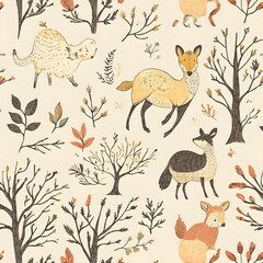 113. **Design a seamless pattern featuring whimsical, hand-drawn wildlife in a natural, earthy tone.**