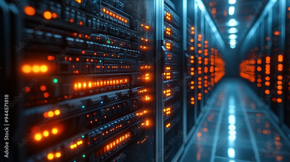 Poster rows of servers in a data center with glowing lights