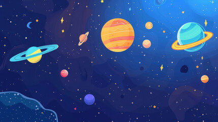 illustration Solar system, flat view, overview, 2 dimensions, 5 planet, blue galaxy background with star
