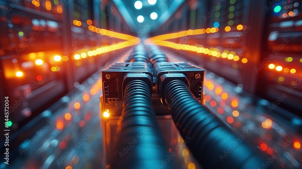 Poster close-up of network cables connecting in a server room