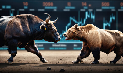 A bull and a bear face off against a backdrop of stock market charts