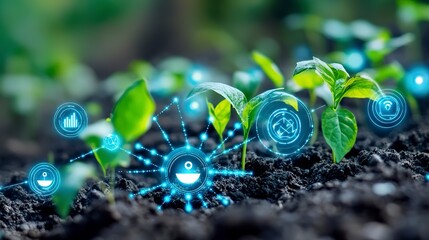 Young Plants Growing in Soil with Smart Technology Icons 