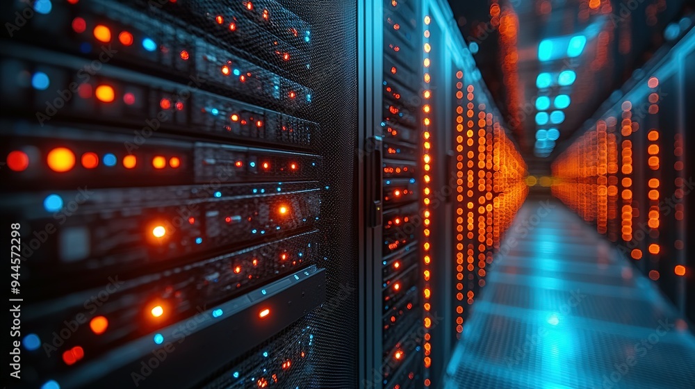 Poster server racks with red and blue lights in a data center
