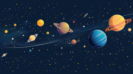 illustration Solar system, flat view, overview, 2 dimensions, 5 planet, blue galaxy background with star