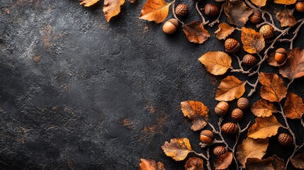 Autumn leaves and acorns against a dark textured background.
