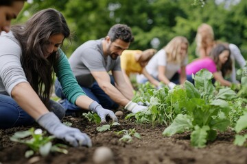Neighbors unite for a community garden cleanup and planting event in a vibrant neighborhood during springtime