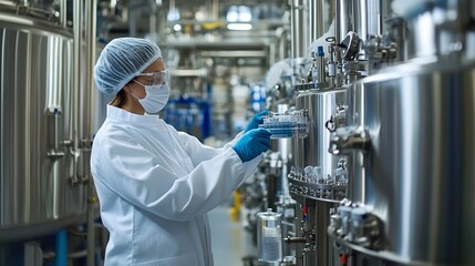 Lab technician monitors bioreactor vessels in pharmaceutical production showcasing biotech aspect. Concept Pharmaceutical Production, Bioreactor Monitoring, Lab Technician, Biotech