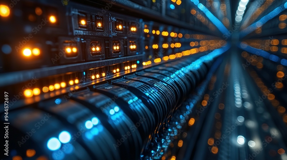 Poster close-up of server racks with blinking lights