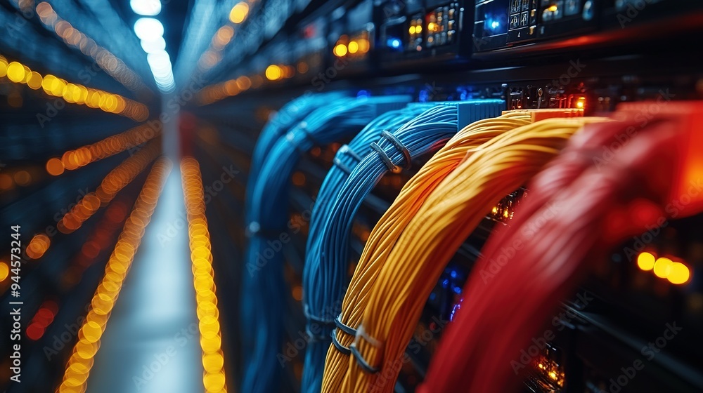 Poster colorful network cables connected to a server in a data center