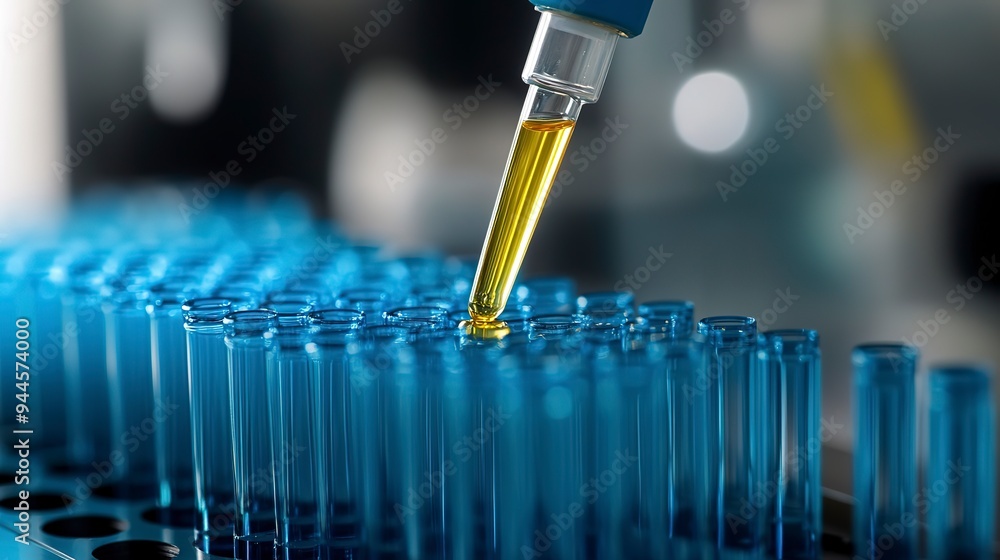 Poster a precision pipette depositing yellow liquid into a row of blue-filled test tubes in a lab setting