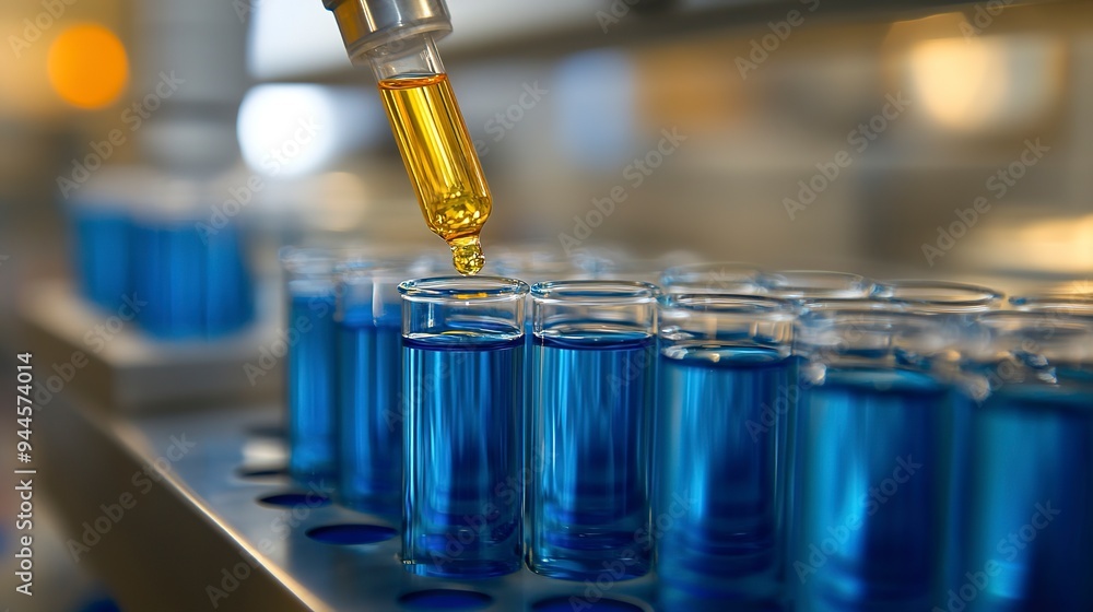 Poster a precision pipette depositing yellow liquid into a row of blue-filled test tubes in a lab setting