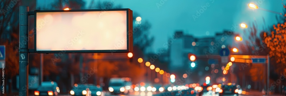 Poster empty billboard at traffic lights with shallow depth of field during twilight.