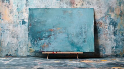 An abstract painting splashed with shades of blue, orange, and gray, rests against a painted wall, creating a dynamic interplay of colors and textures.