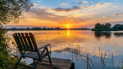 Tranquil lake at sunrise with a wooden chair on a dock.
