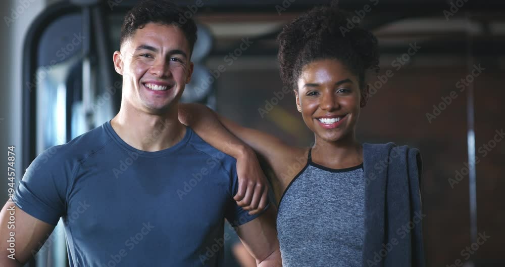 Canvas Prints Gym, workout teamwork and couple of friends for fitness, training and exercise accountability in portrait. Face of happy woman, man and people or personal trainer with confidence, wellness and health