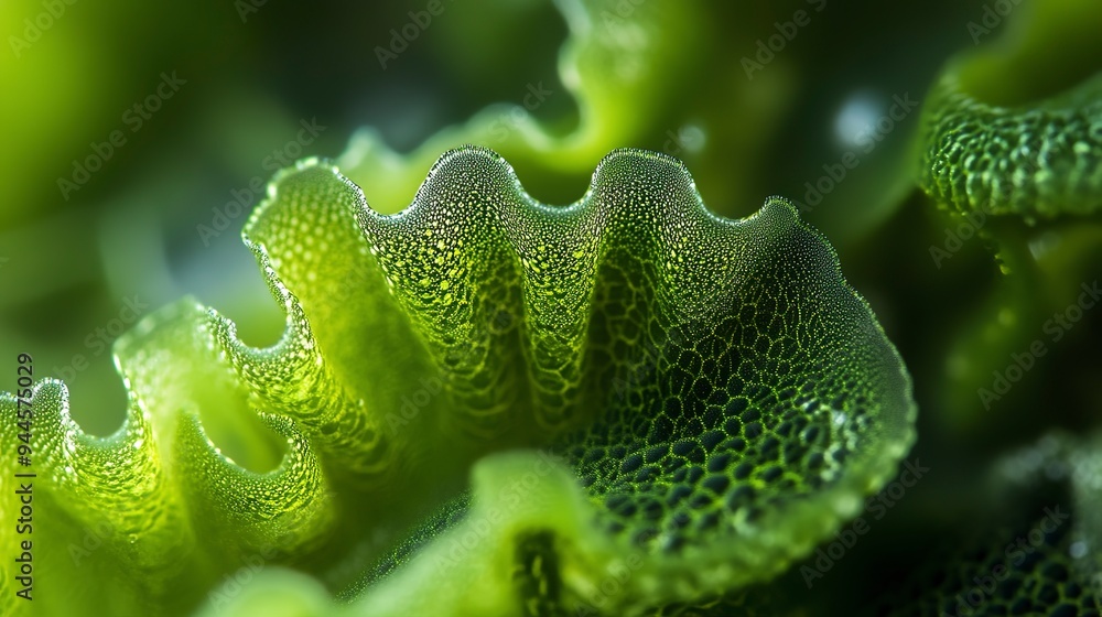 Poster close-up macro photograph showcasing the intricate texture and patterns of vibrant green spirulina a