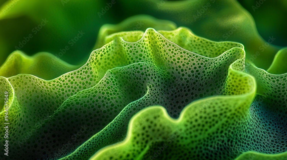 Poster close-up macro photograph showcasing the intricate texture and patterns of vibrant green spirulina a