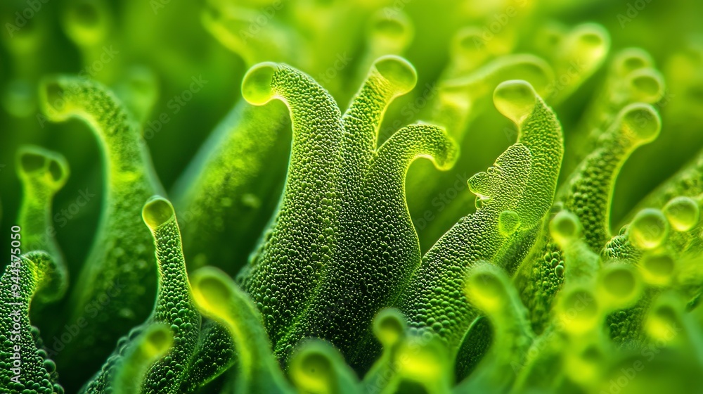 Poster close-up macro photograph showcasing the intricate texture and patterns of vibrant green spirulina a