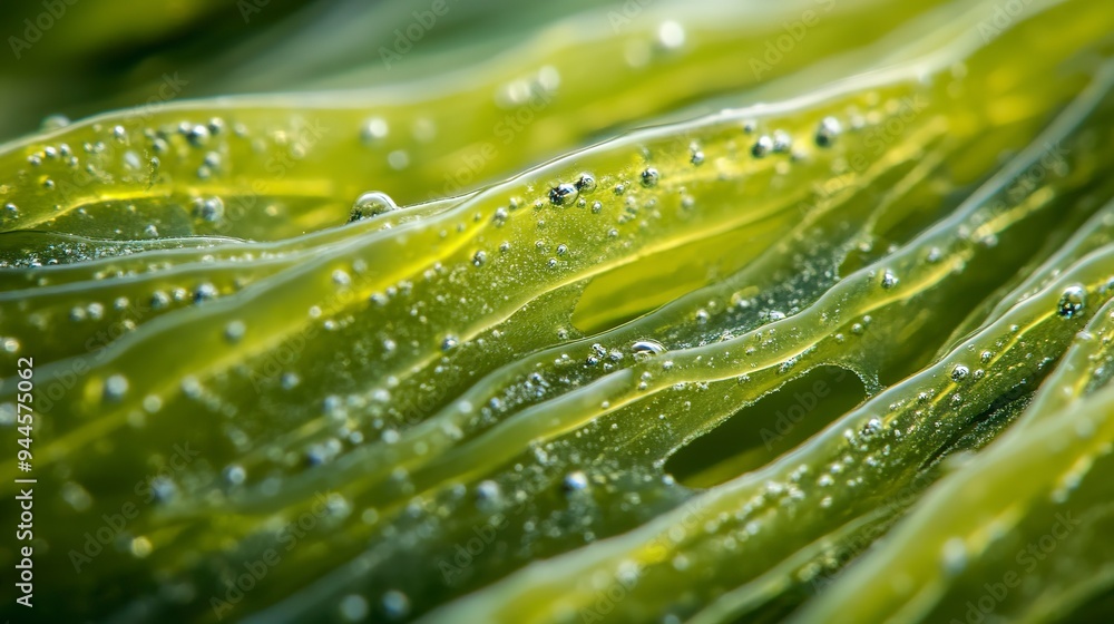 Poster close-up macro photograph showcasing the intricate texture and patterns of vibrant green spirulina a