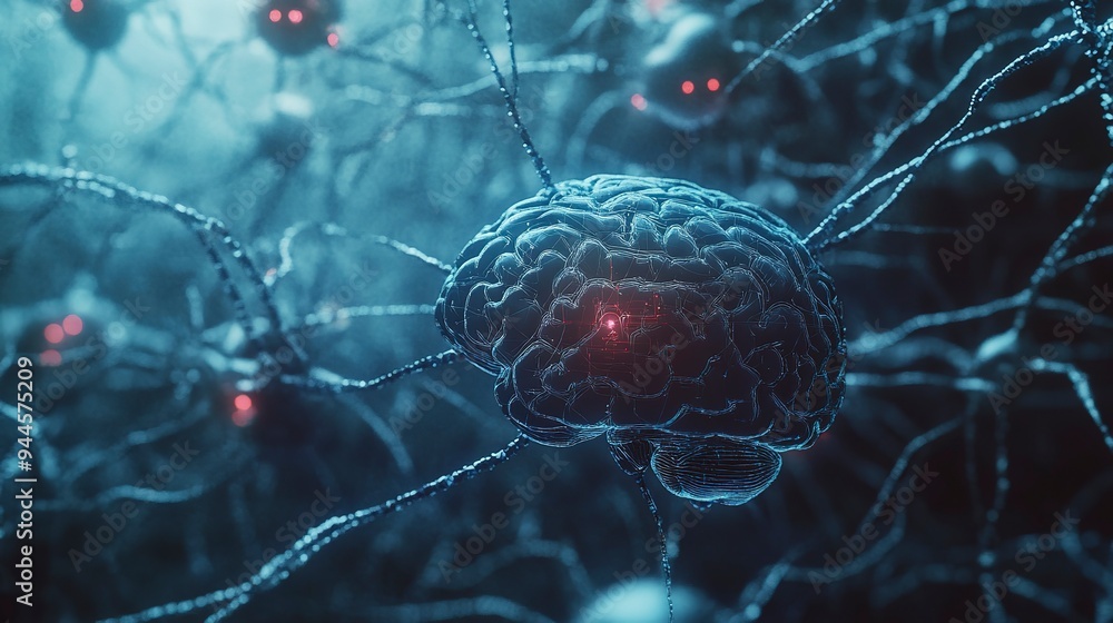 Poster artificial intelligence brain with computing system neuron and neural, biotechnology and machine lea