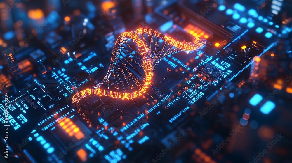 Poster futuristic digital dna helix emerging from microchip, surrounded by binary code and glowing circuits
