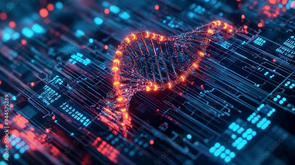 Poster futuristic digital dna helix emerging from microchip, surrounded by binary code and glowing circuits