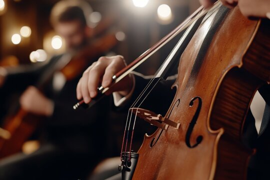 Elegant string quartet performing at a wedding reception in a restaurant, showcasing a handsome man playing cello and violin